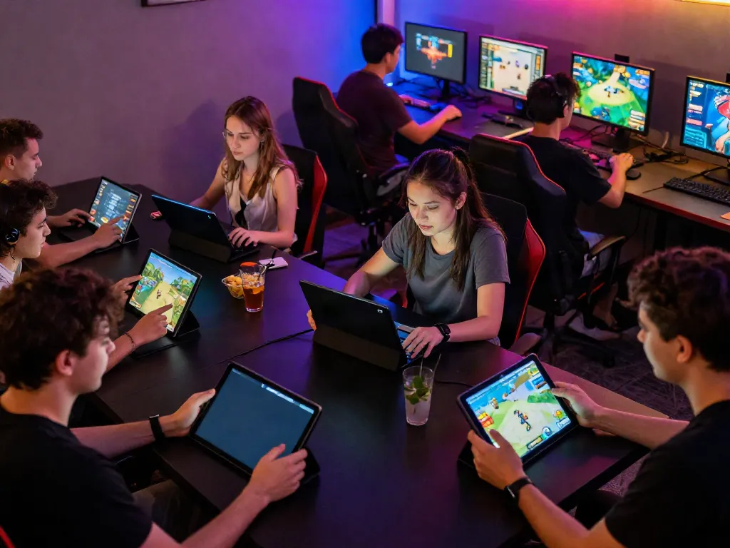 Engaged players enjoying yono games in a lively gaming lounge atmosphere.