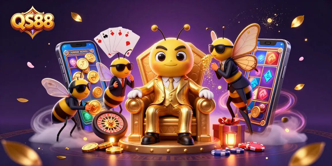 Spin the reels and win big with QS88, featuring a buzzing bee mob boss and vibrant casino elements.