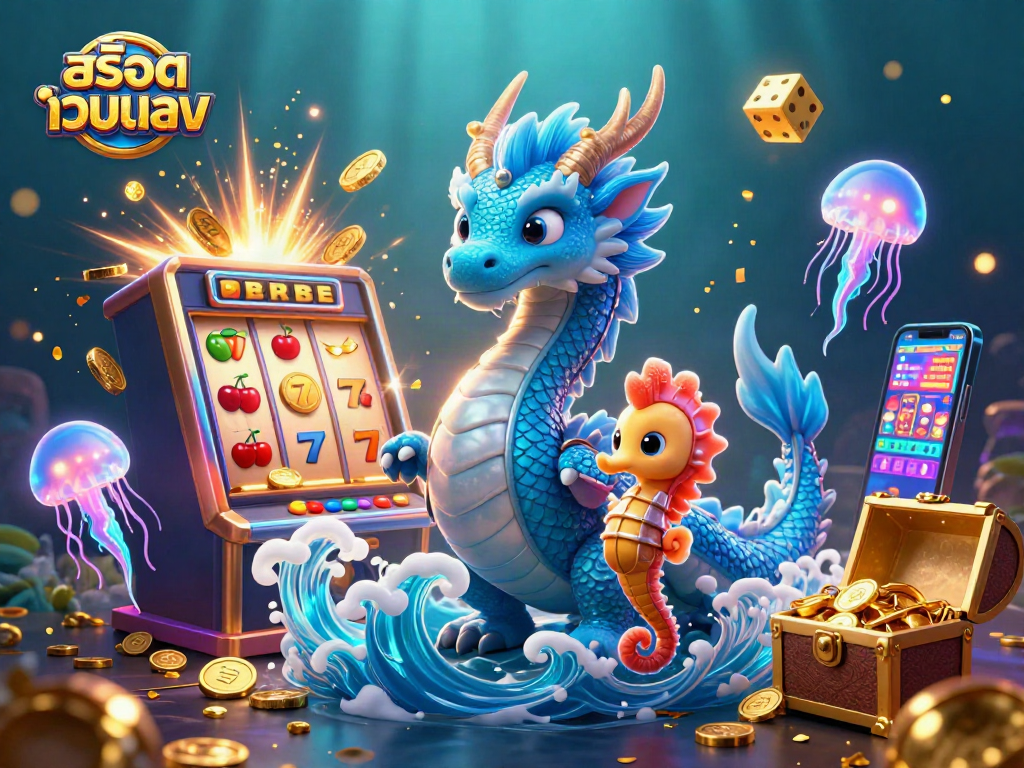 Engage with สล็อตเว็บตรง in this vibrant illustration of a dragon, knight, and jellyfish around a slot machine.