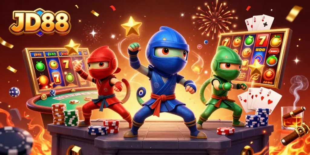 Experience thrilling gaming action with JD88 as a ninja chameleon team celebrates, showcasing slots and poker elements.
