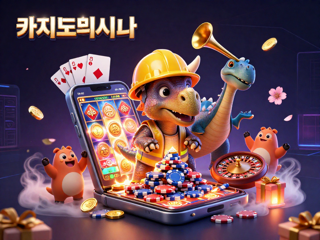 카지노사이트에서 다양한 게임 요소와 함께 축하하는 트리케라톱스 캐릭터 일러스트