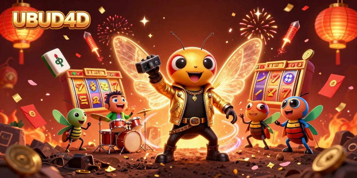 Spin to win with UBUD4D, featuring animated 3D characters celebrating with vibrant slot reels and gold coins.