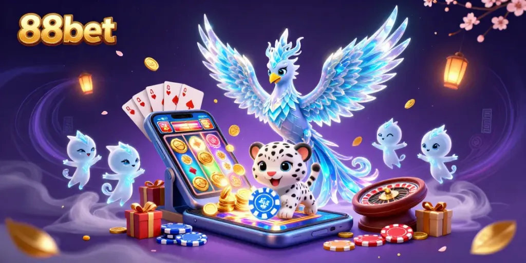 Experience the thrill of 88bet with vibrant casino games depicted in this detailed illustration.