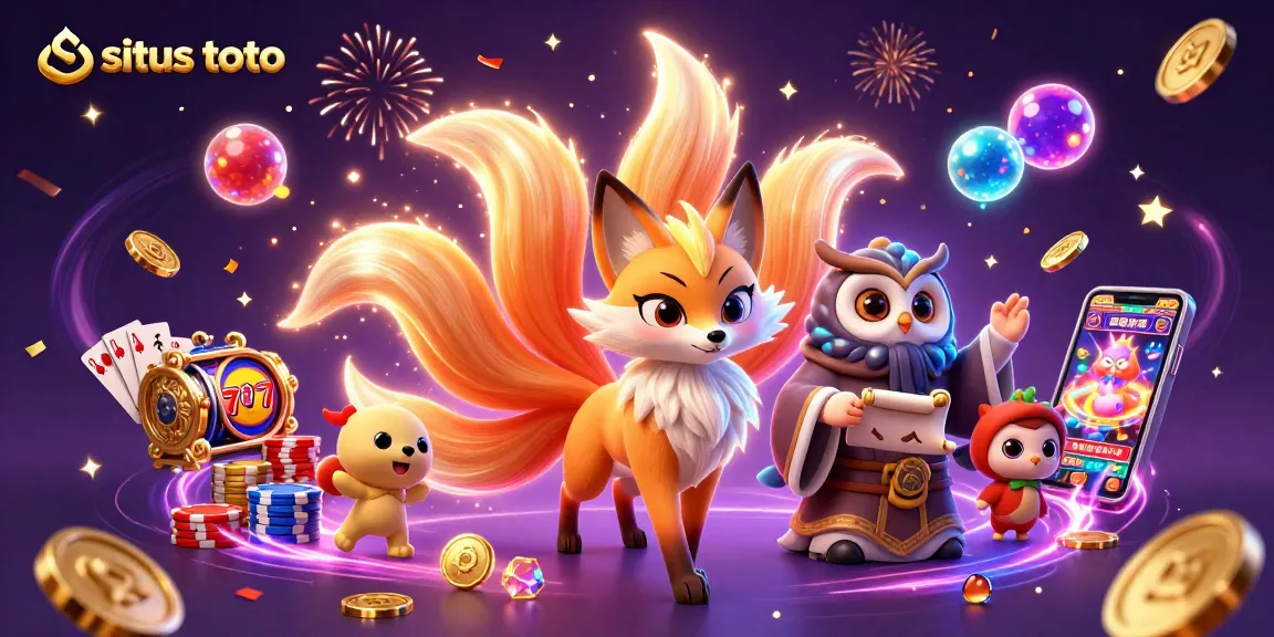 Experience the excitement of situs toto with a dazzling 3D illustration of a lucky nine-tailed fox beside an owl sage.
