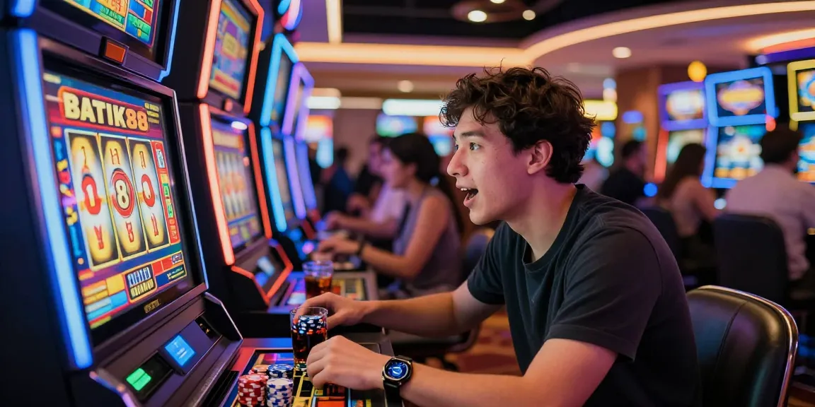 Seorang pemain terfokus pada mesin slot BATIK88 di kasino, dikelilingi cahaya neon dan suasana yang meriah.