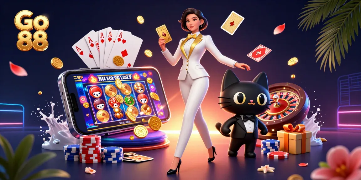 Join the fun at Go 88, where a glamorous dealer shuffles cards amid vibrant casino elements.