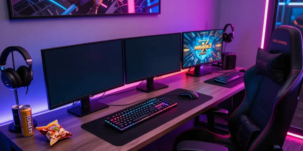 Pengaturan gaming profesional yang menampilkan Mahjong Ways 2 dengan aksesoris gaming, kursi nyaman, dan pencahayaan neon.