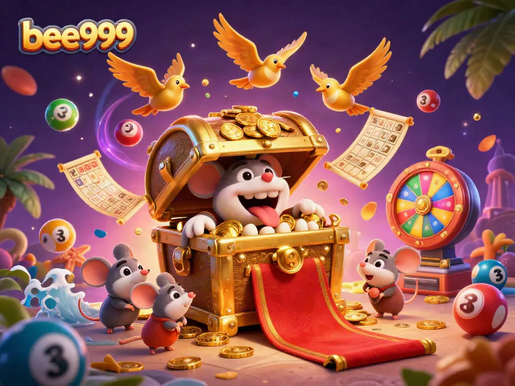 Experience the excitement of bee999 with adventurer mice and lottery elements in a vibrant casino scene.