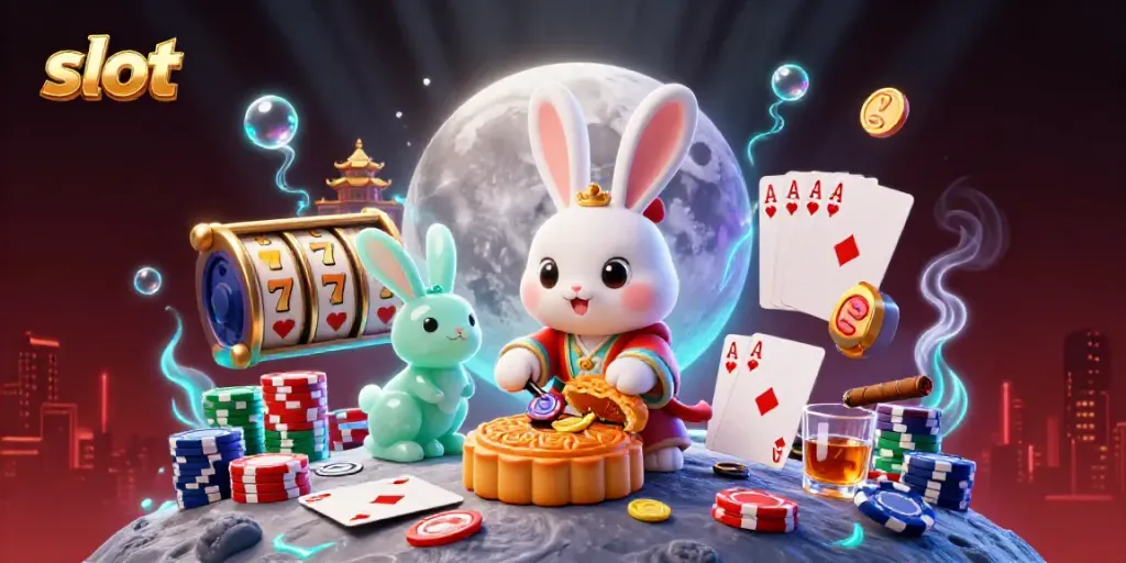 Permainan slot menampilkan kelinci bulan yang memukul kue bulan dengan chip poker yang terlihat di latar lunar yang magis.