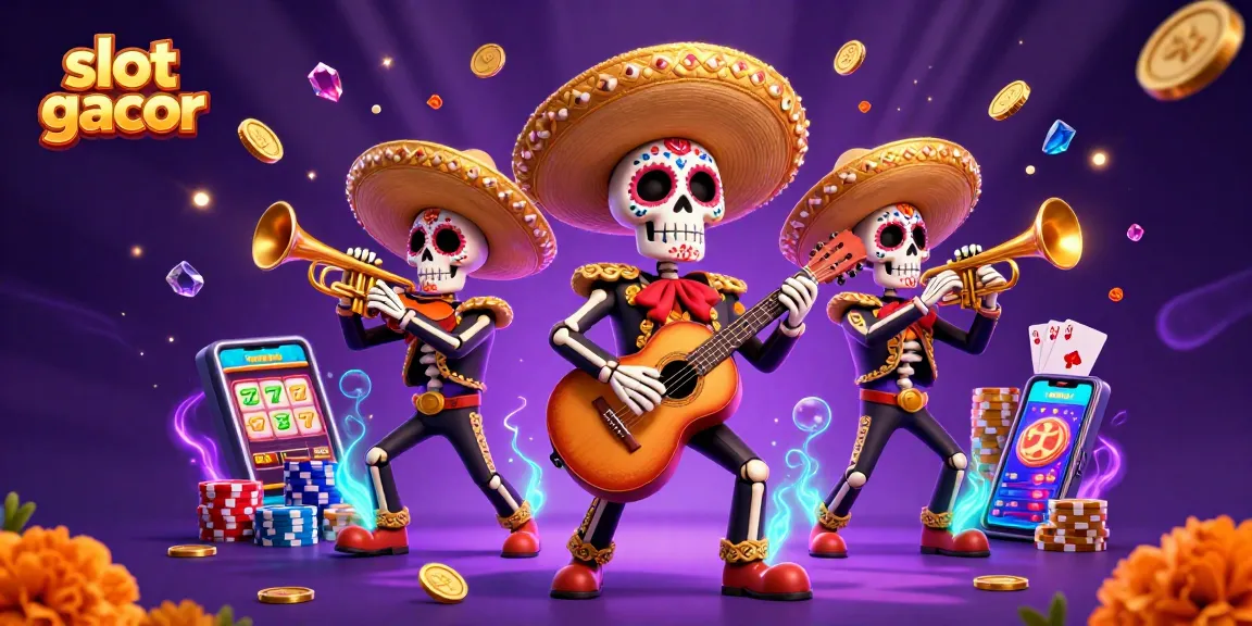 Experience thrilling slot gacor action with a vibrant Dia de los Muertos mariachi band in this colorful 3D illustration.