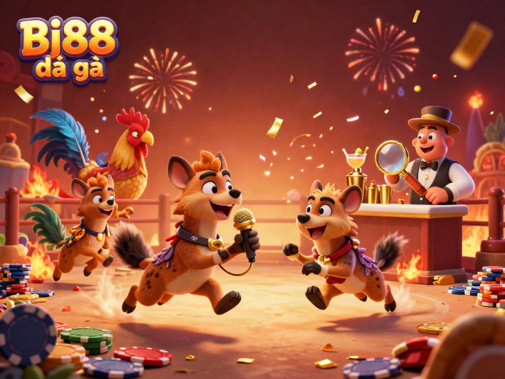Bj88 đá gà showcases a dynamic scene of hyenas in a fighting arena, mixing drinks and entertaining guests.