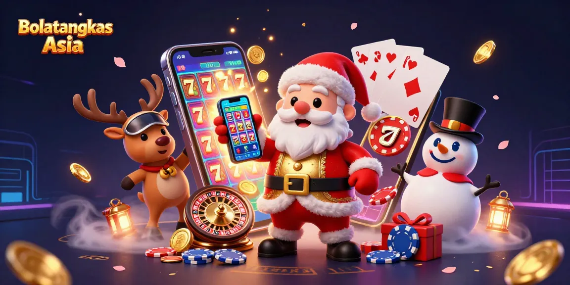 Engage in thrilling gameplay with Bolatangkas Asia featuring cartoon Santa, reindeer dealer, and poker chip snowman.