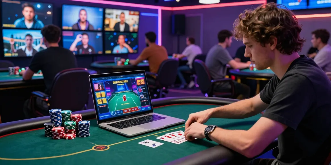 Engaged player participating in Game Poker Uang Asli Dominobet at a virtual poker table, showcasing vibrant gameplay atmosphere.