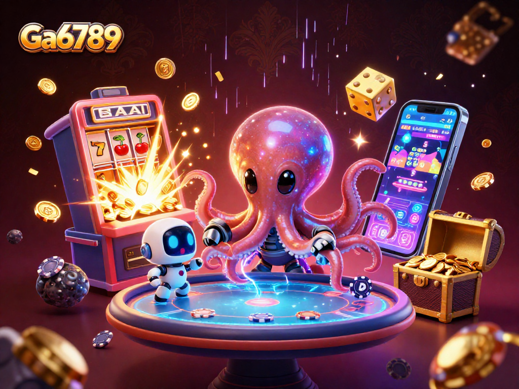 Engage in thrilling gameplay with Ga6789 as a cartoon alien octopus and robot play poker.