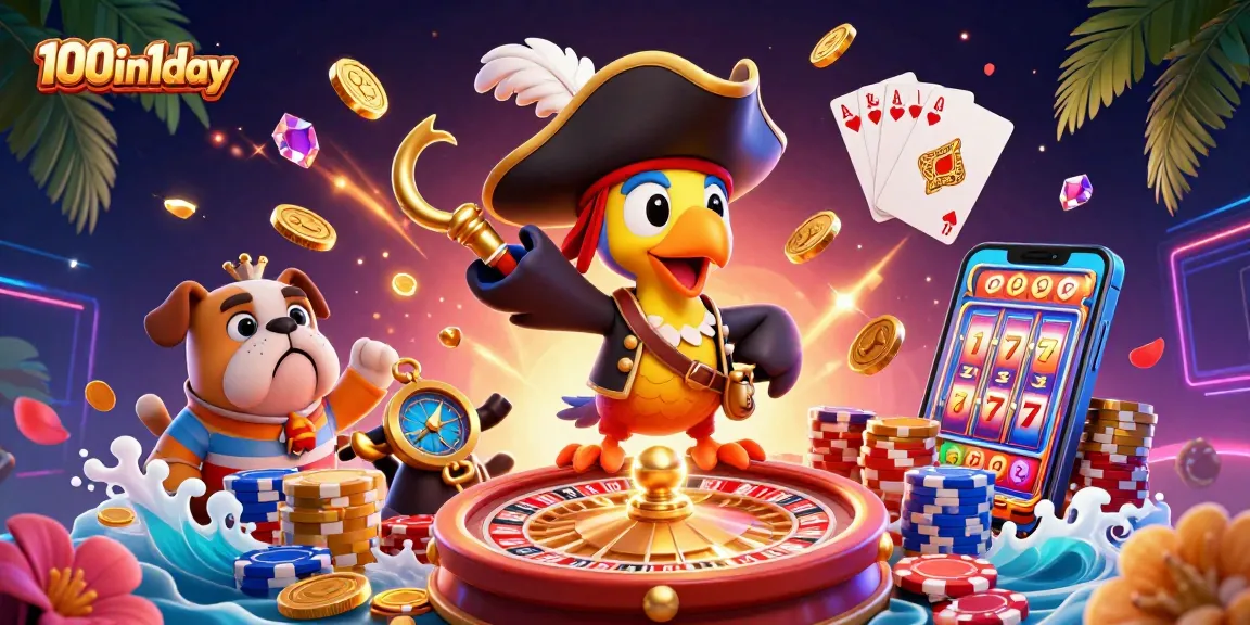 Interact with slots and casino elements in a vibrant 100in1day scene filled with golden coins and colorful poker chips.