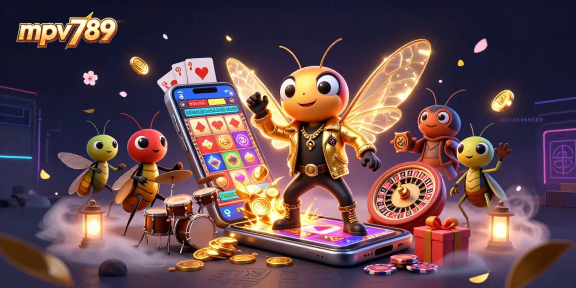 Immerse in the thrilling world of mpv789 with a vibrant 3D illustration featuring rock star characters and dynamic casino elements.