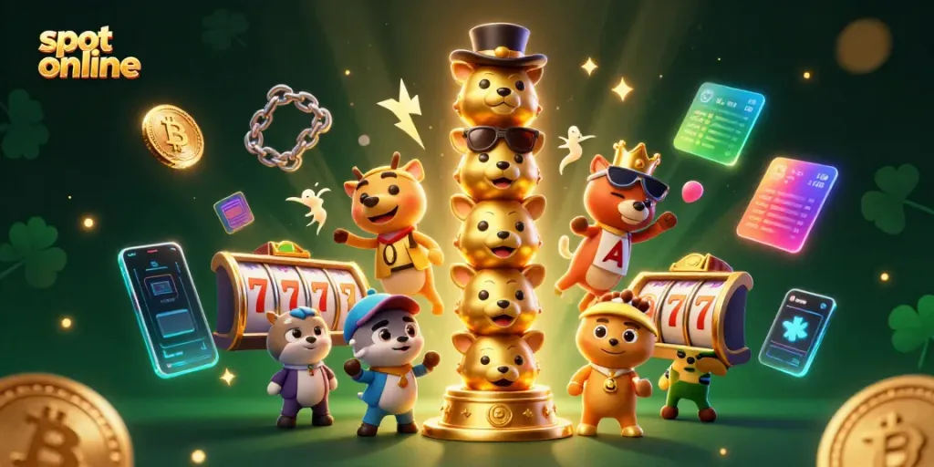Engage with slot online gaming featuring 3D characters celebrating with vibrant symbols and assets.