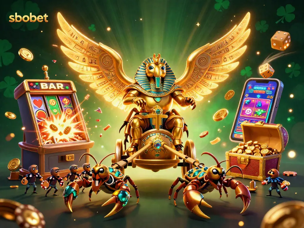 Sbobet's vibrant casino scene featuring a golden scarab beetle and jackpot explosion.