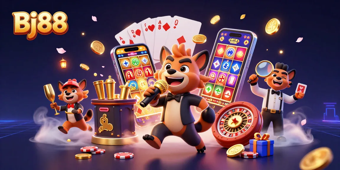 Bj88 captivates with hyena characters at a bustling virtual casino, showcasing exciting slot games and vibrant action.