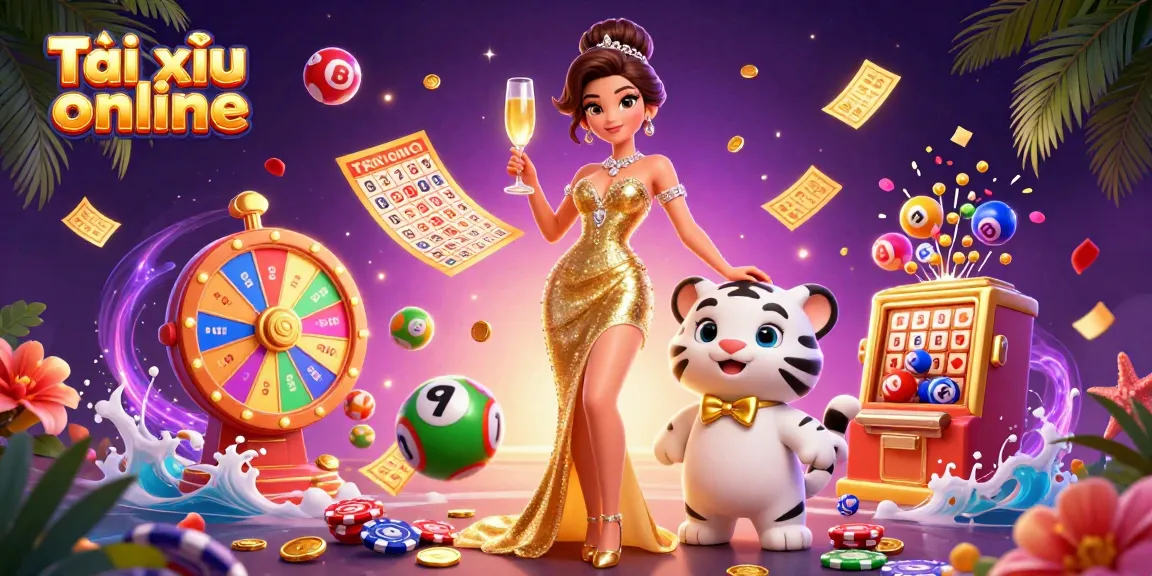 Experience vibrant Tài xỉu online gameplay with a glamorous character and cheerful tiger in a dynamic 3D casino scene.