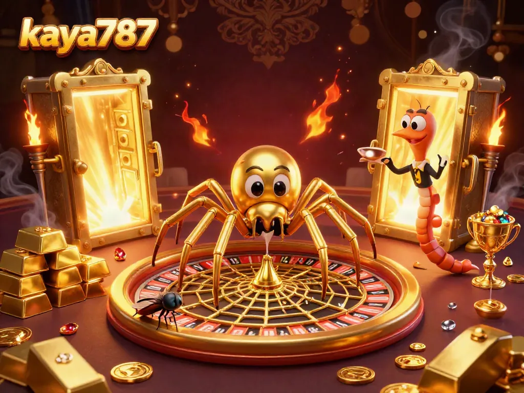 Engaging with kaya787, a fly nervously bets while a golden spider spins a roulette wheel web with jewels.