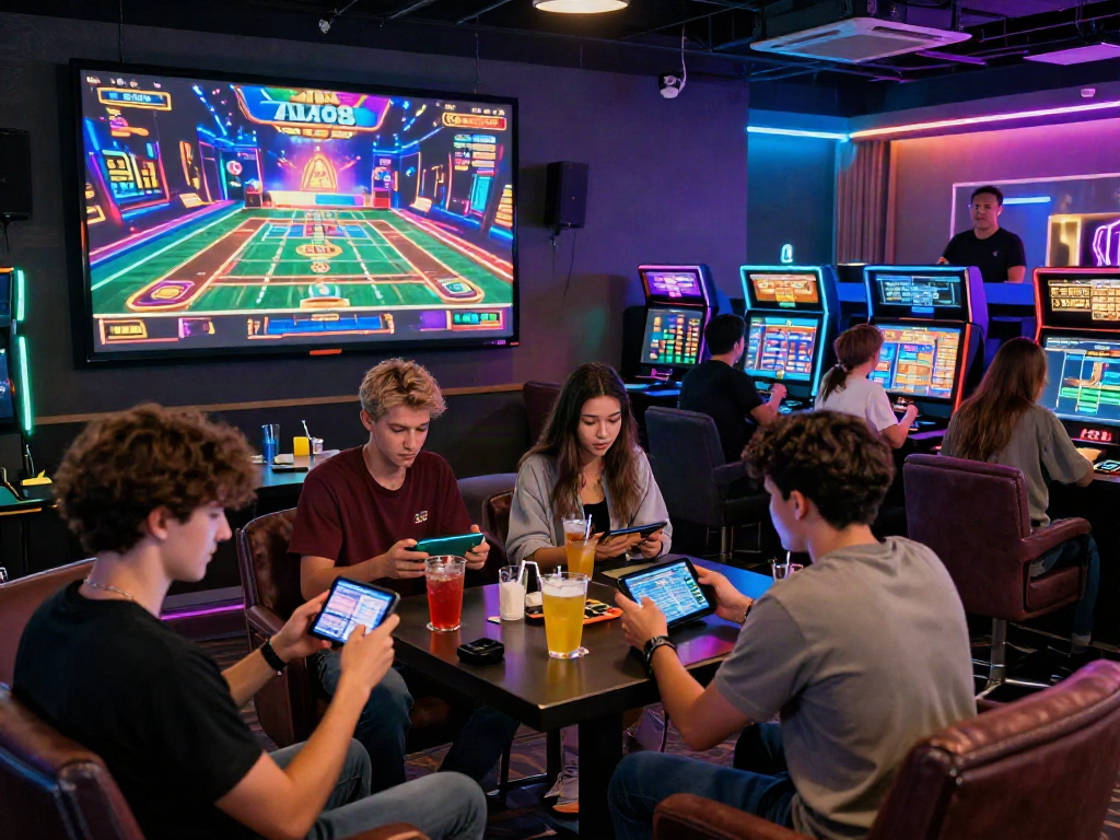 Group enjoying ALO8 online gaming in vibrant digital lounge with interactive screens and lively atmosphere.