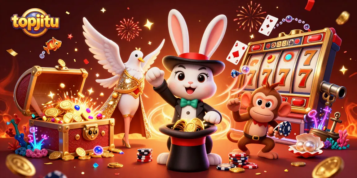Engage with topjitu and discover exciting slot games amidst cartoon characters and vibrant casino elements.