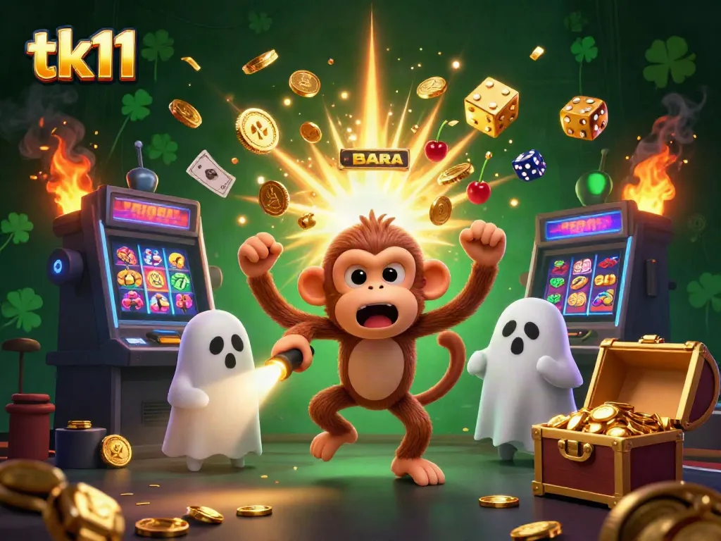 Engage in thrilling gaming with tk11, a lively scene featuring a poltergeist monkey juggling casino elements in a haunted casino.