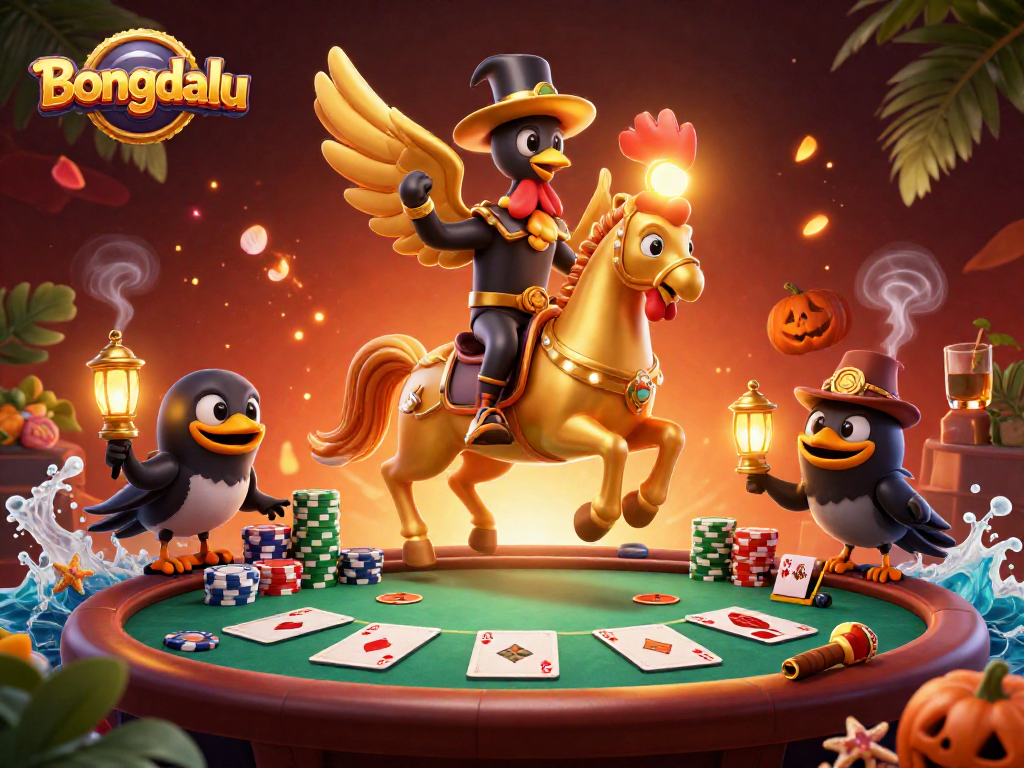 Bongdalu showcases a golden rooster riding a spectral horse in a vibrant casino scene, gambling excitement everywhere.
