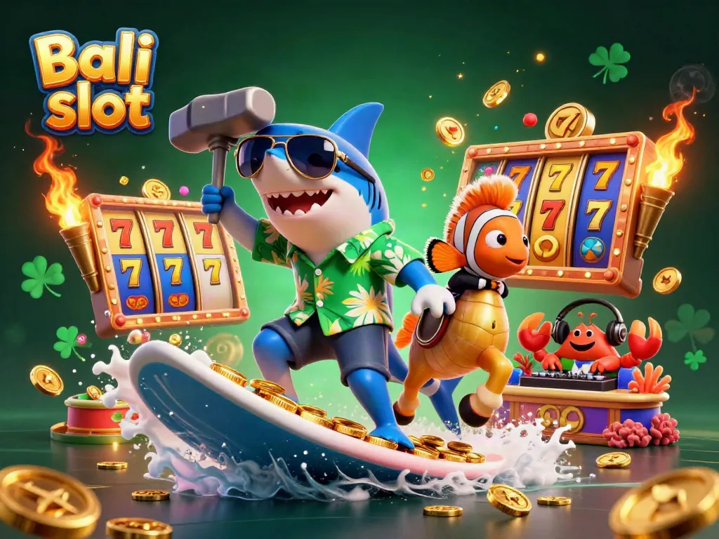 Engage with Bali slot in a vibrant 3D scene featuring a shark surfing on gold coins.