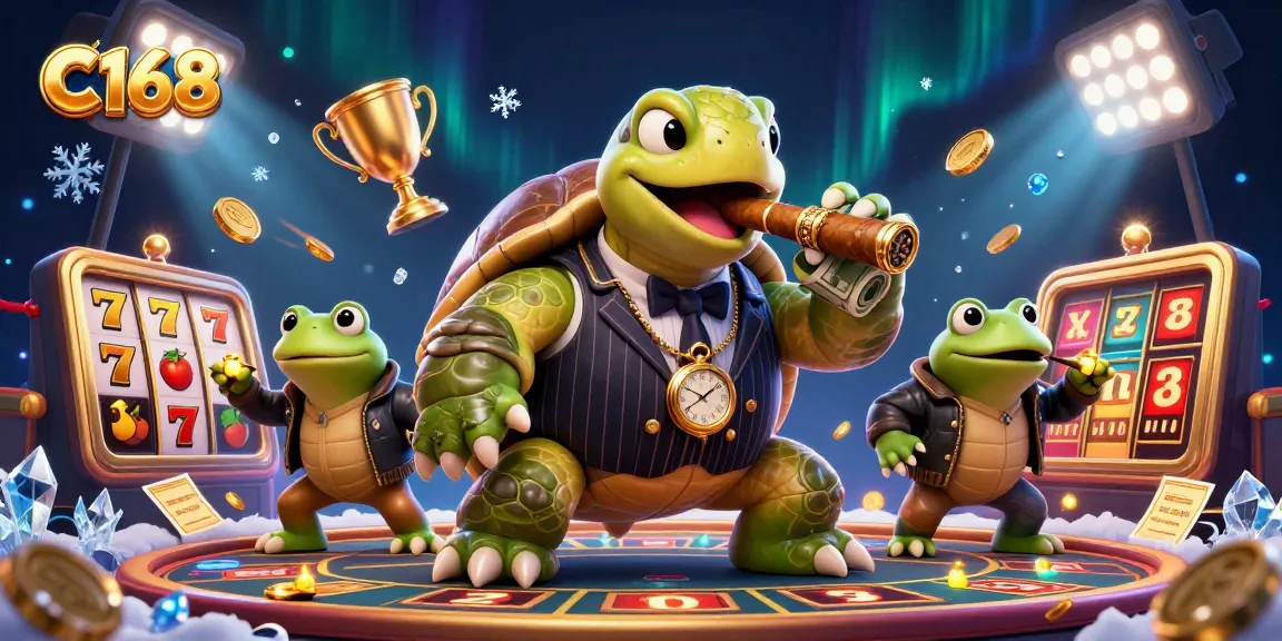 C168 engages players with a fun 3D illustration of a snapping turtle and bullfrog enforcers on a casino floor.
