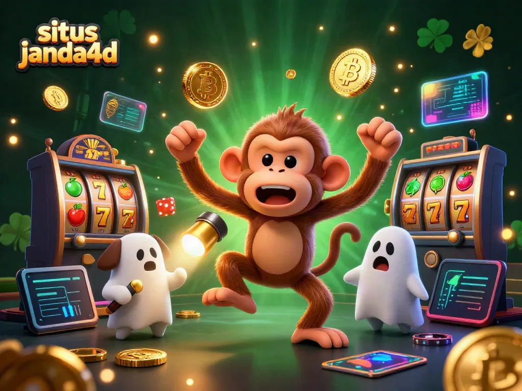 Gambarlah situs janda4d dengan koin emas, slot, dan makhluk menarik di kasino berhantu.