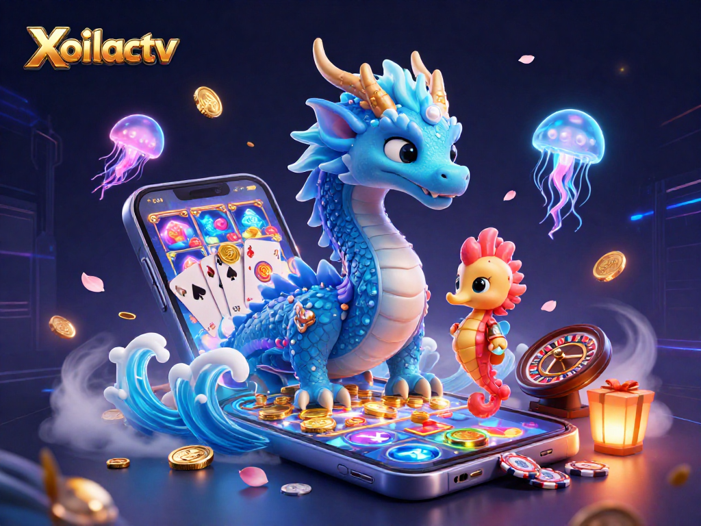 Xoilactv slot gaming adventure with a water dragon and seahorse knight amidst vibrant 3D casino elements