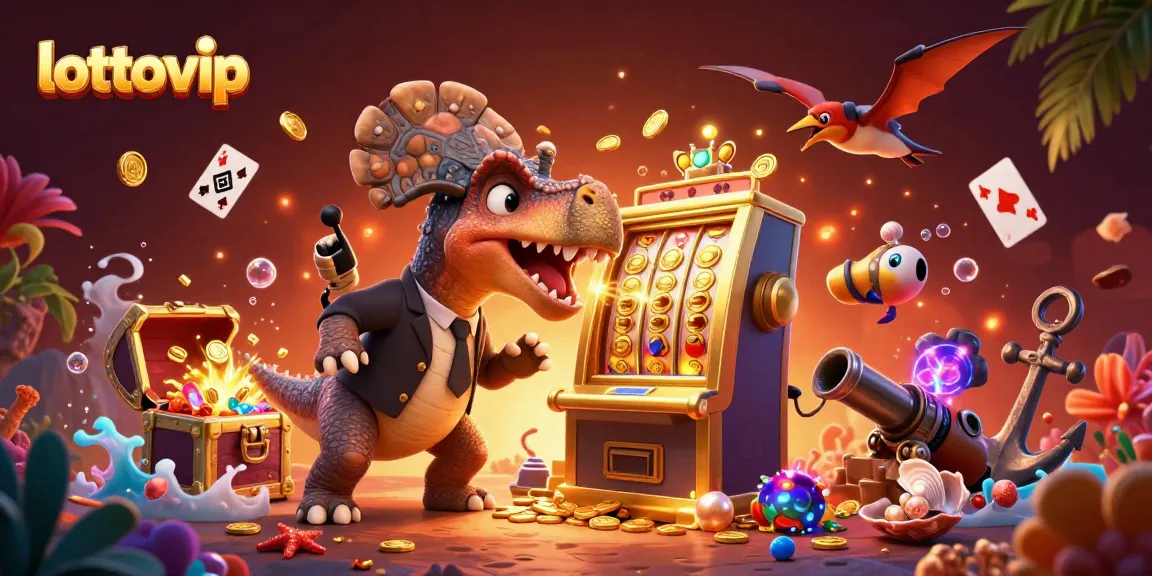 LOTTOVIP menampilkan dinosaurus pachycephalosaurus bermain slot emas, mengumpulkan koin jackpot.