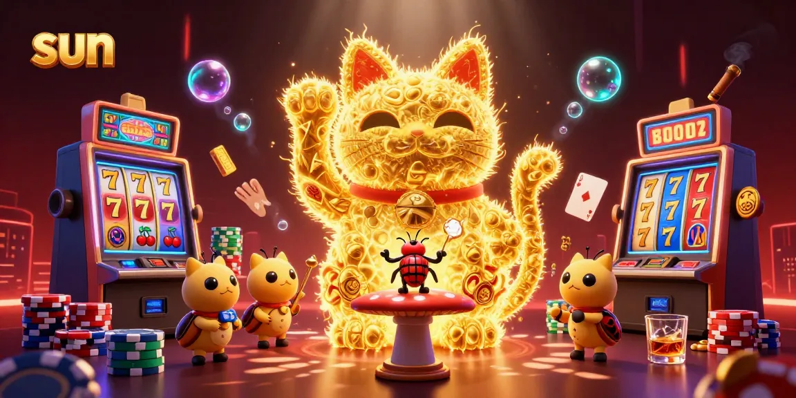 Play casino games with the sun lucky cat symbol amidst vibrant slot elements and rich gold details
