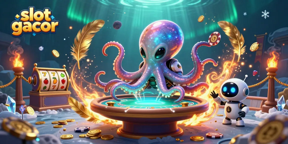 Engage in thrilling slot gacor action with alien octopus at a vibrant poker table.