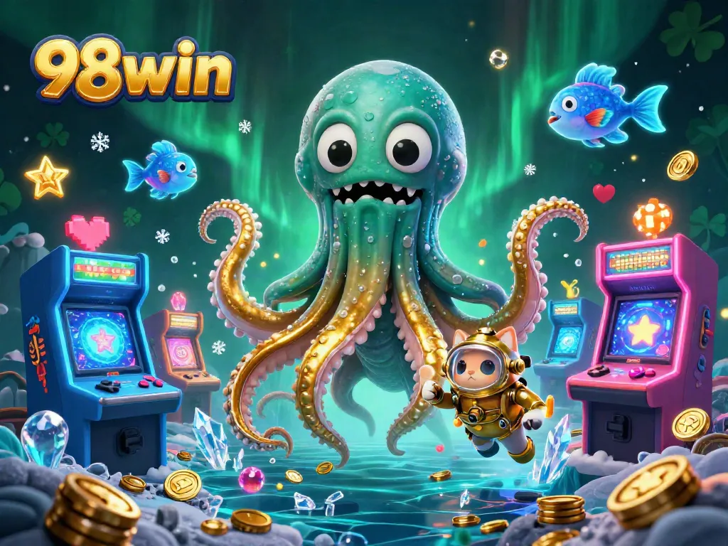 Engage with 98win's thrilling gaming world, featuring a kraken and vibrant underwater elements.