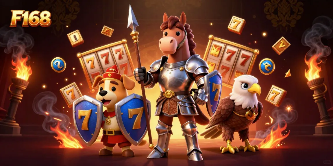 Experience thrilling gaming at F168 with vibrant slot reels and dynamic characters in a captivating scene.