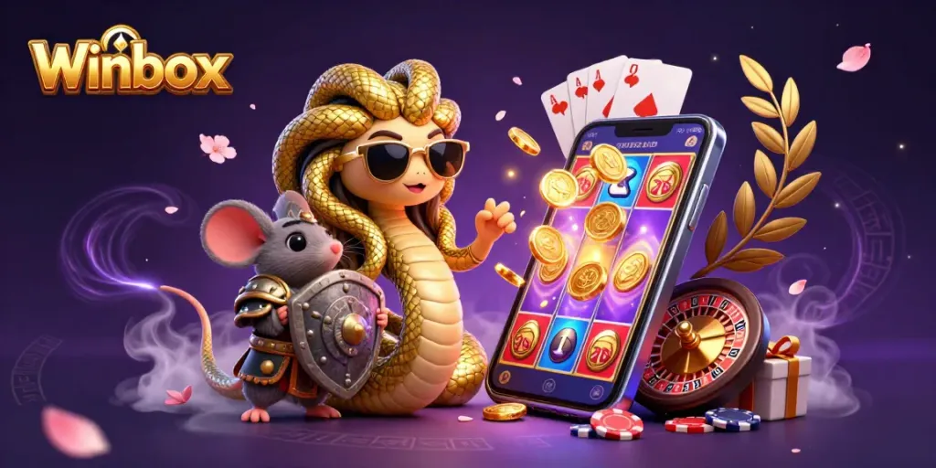 Winbox slot game experience with Medusa and a warrior mouse surrounded by exciting casino elements.
