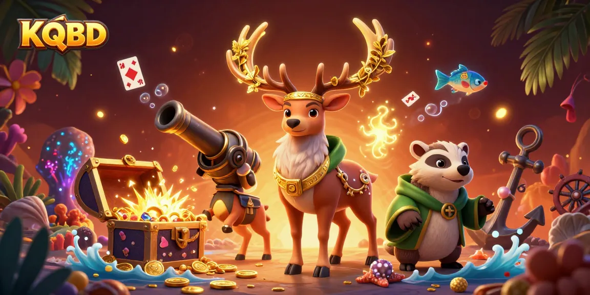 KQBD showcases a vibrant, dynamic 3D illustration of a fantasy scene with characters and gambling elements.