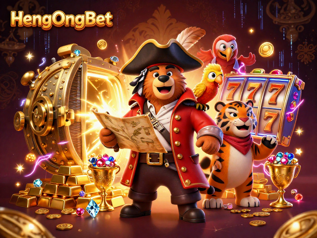 Engage with HengOngBet's vibrant casino scene, showcasing characters amidst treasures and slot reels.