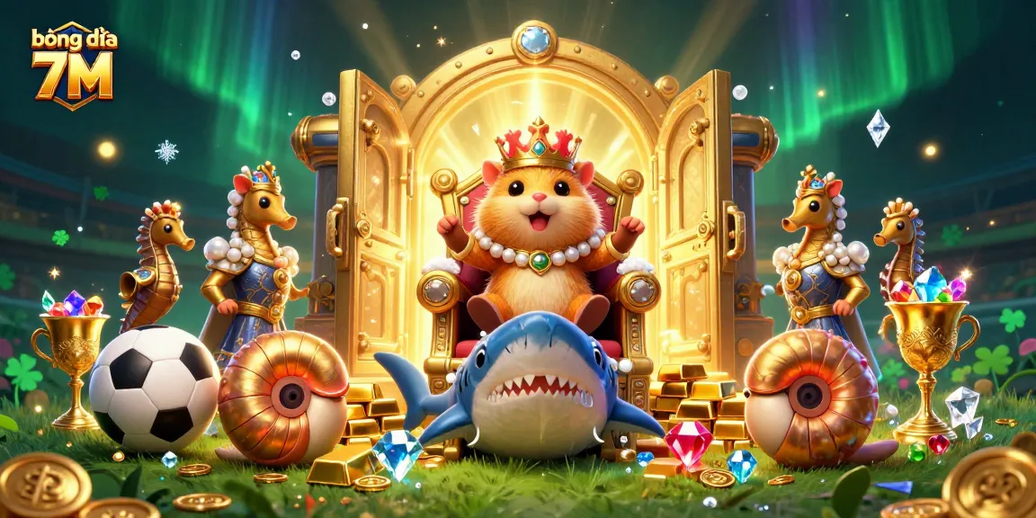 Experience bóng đá 7M betting thrills with a fierce golden hamster king on a shark throne.