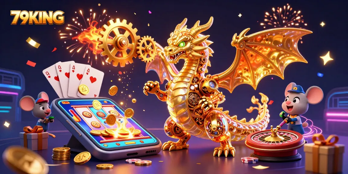 Experience thrilling gaming moments with 79KING's dynamic golden dragon and virtual casino elements.