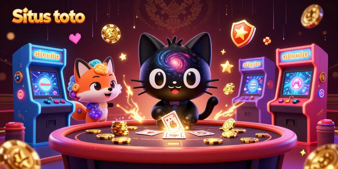 Situs toto cosmic casino illustration featuring a black hole cat and nebula fox amidst vibrant gaming elements.