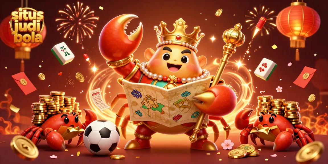 Win big at situs judi bola with a festive 3D illustration featuring a golden crab emperor and sports betting elements.