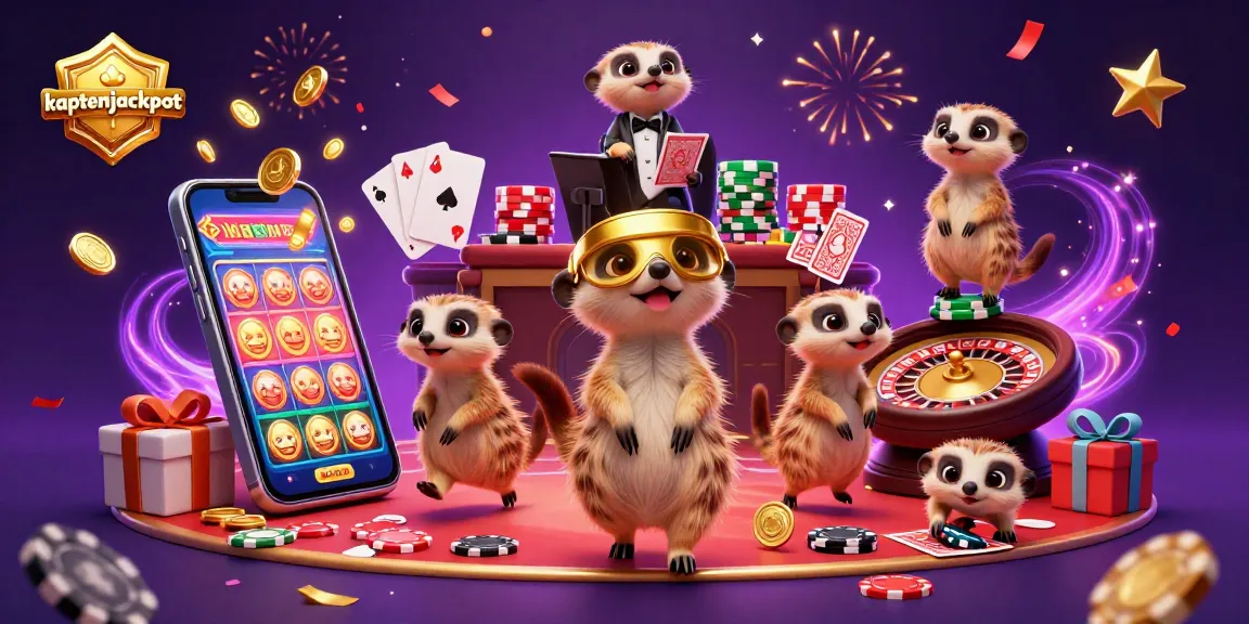 Join the excitement at kaptenjackpot with meerkats running a vibrant casino operation, showcasing festive gaming action.