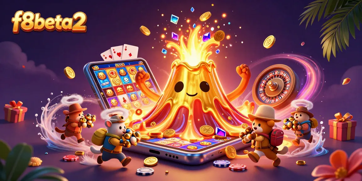 Spin to win with f8beta2 as the golden volcano erupts treasure in a vibrant casino scene.