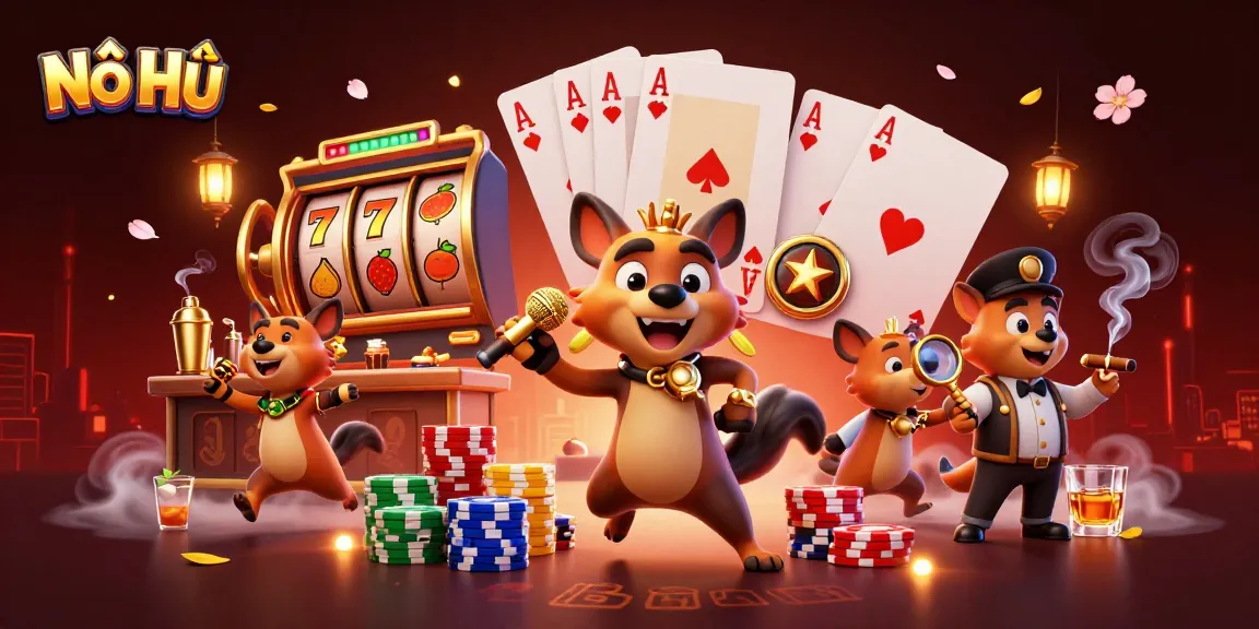 Engage with Nổ Hũ through this vibrant 3D casino illustration showcasing lively characters and dynamic gambling elements.
