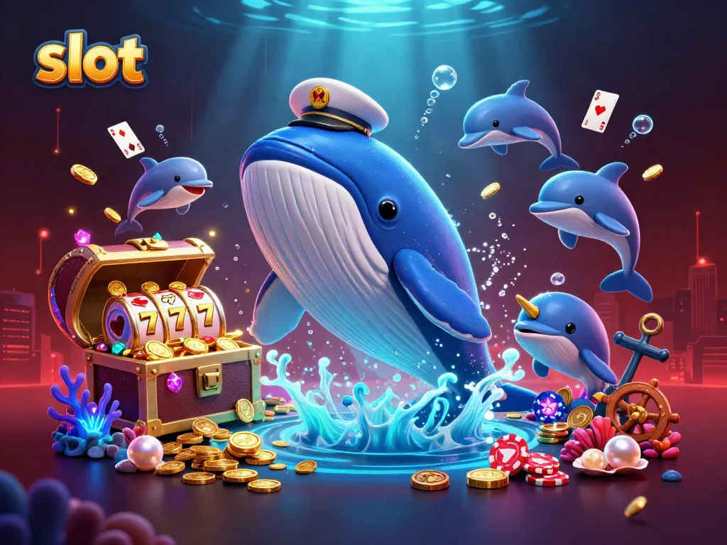 Engage with vibrant slot scenes featuring a majestic whale and playful dolphins amidst casino treasures.