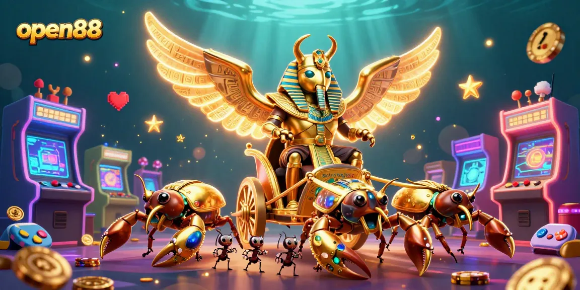 Watch as the open88 universe comes alive with unique gaming experiences, featuring a golden scarab beetle and vibrant 3D game elements.
